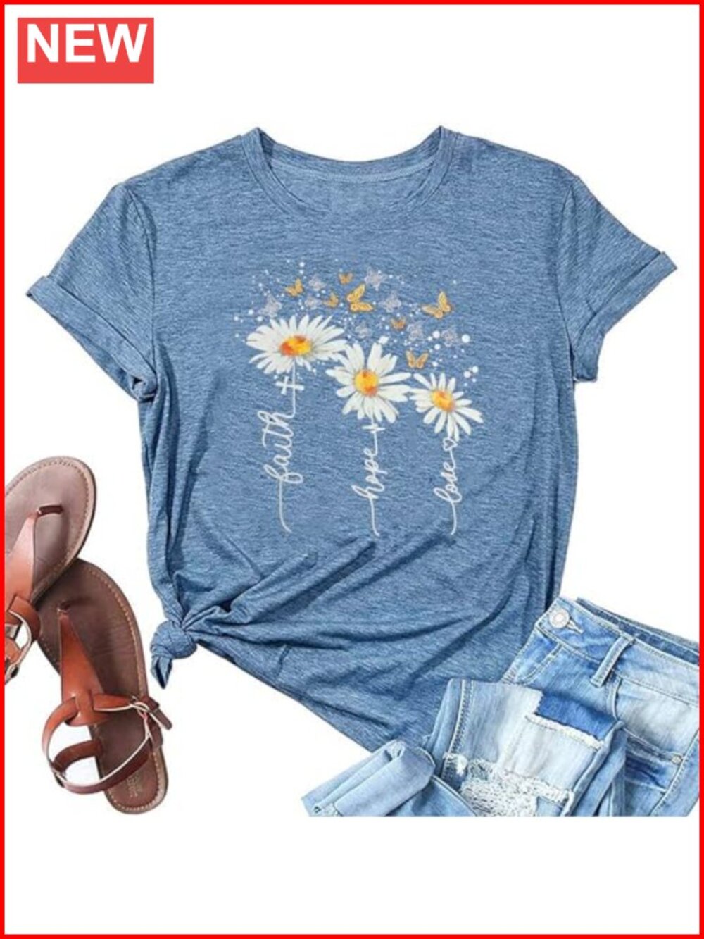 Christian Faith Hope T-Shirt Women Butterfly Daisy Cotton Blend Tee